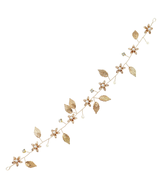 Handmade Headband With Golden Flower And Leaf Shape Soft Chain Headdress