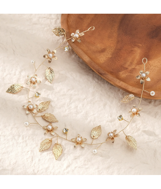 Handmade Headband With Golden Flower And Leaf Shape Soft Chain Headdress