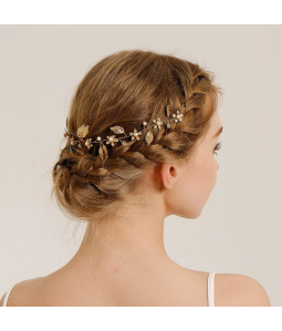 Handmade Headband With Golden Flower And Leaf Shape Soft Chain Headdress