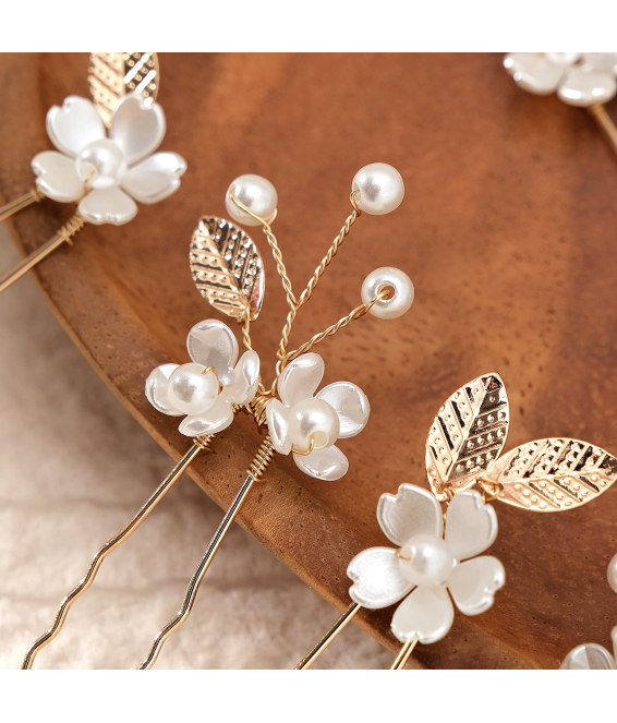 Ancient Style U-shaped Pearl Alloy Hair Fork Golden Leaf Pearl Pin Hairpin Headdress