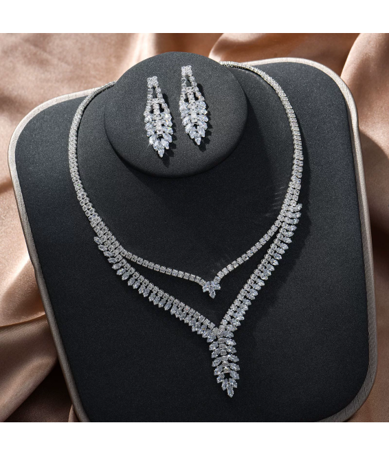 Luxury Rhinestone Necklace Earrings Leaf Set Water Drop Necklace Two-Piece Set