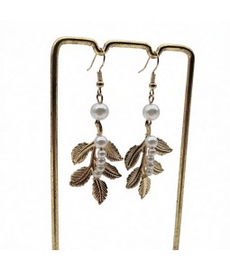 Leaf Pearl Dangle Earrings,Gold Plated Dangling Earrings for Brides