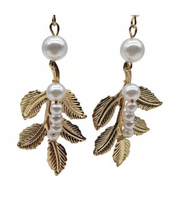 Leaf Pearl Dangle Earrings,Gold Plated Dangling Earrings for Brides