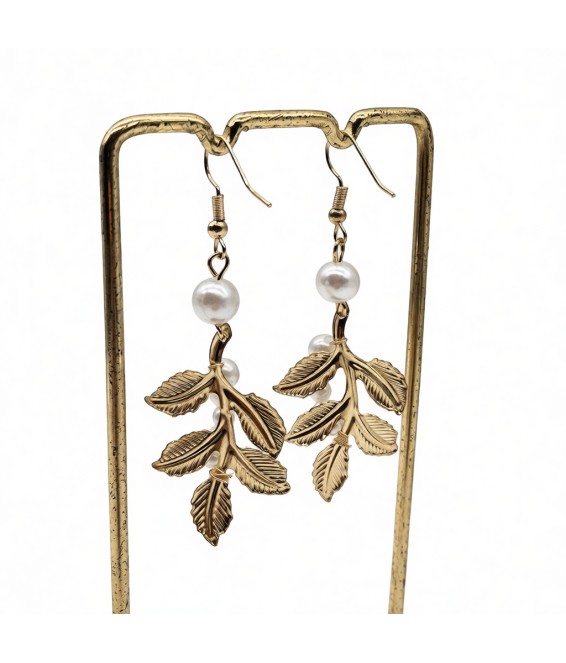 Leaf Pearl Dangle Earrings,Gold Plated Dangling Earrings for Brides